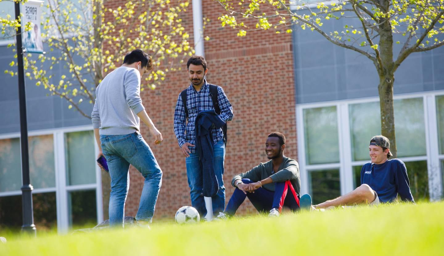 students on grassy hill on campus